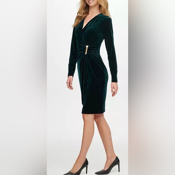 Calvin Klein Elegant Velvet Side Bar Trim Dress Color Malachite - Picture 4 of 5